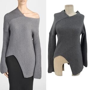 JOSEPH Off the Shoulder Asymmetric‎ Ribbed Sweater Wool Gray Size XS